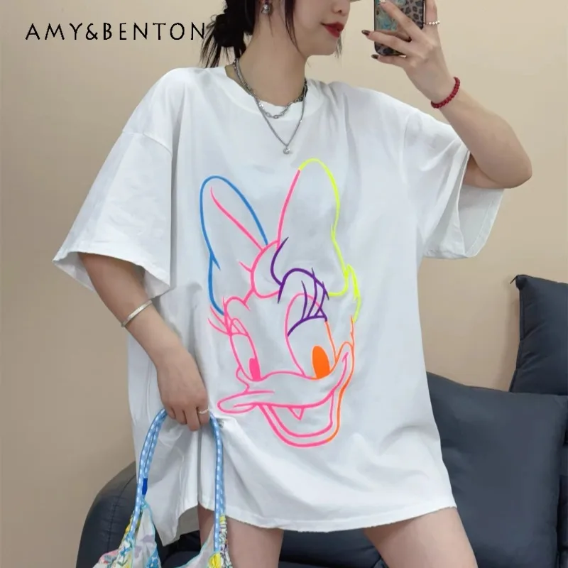 

Sweet T-shirt Women's Summer Cartoon Oversized Tees Slimming Look Short-sleeved Embroider Medium Long Tops Tshirt Pullover Shirt