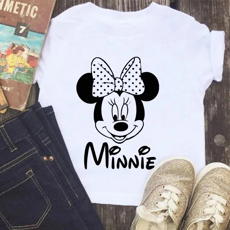 Disney Series Mickey Minnie Anime Clothes T-shirt Boy Girl Casual Summer White Pink Cotton Children's Clothing Baby Kawaii Tees