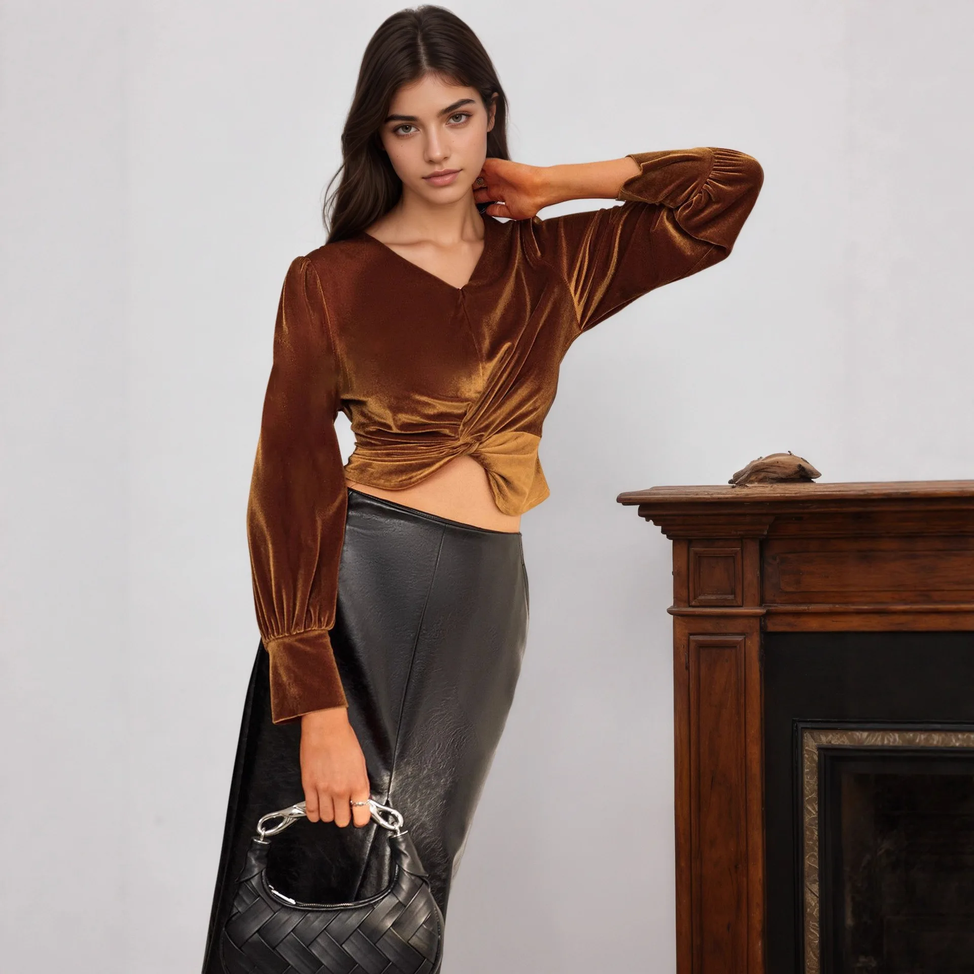 

2025 Autumn New Velvet French Chic Waist Twisted Design Waist cinched Long Sleeve Shirt Top
