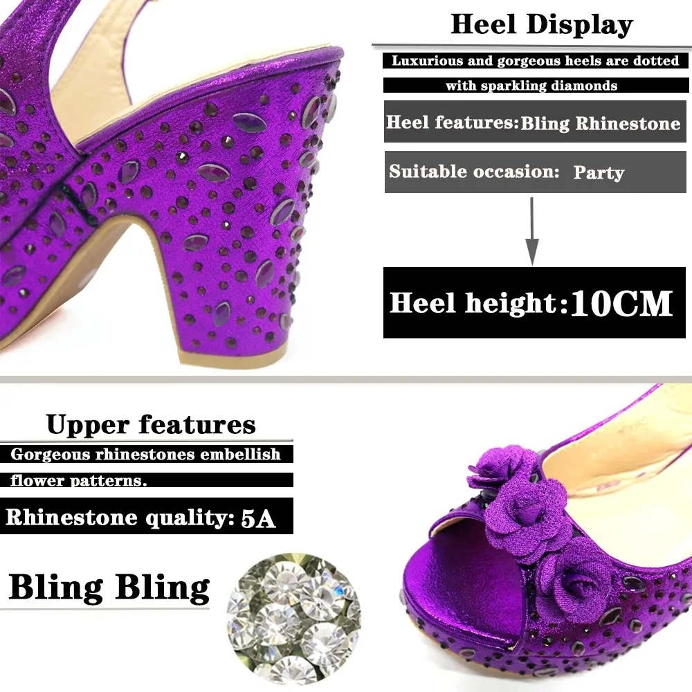 Purple Color Fish Beaked Toe Cap Comfortables Heels Slipper with Ctystal Bag For Nigerian Women Wedding Party Pump