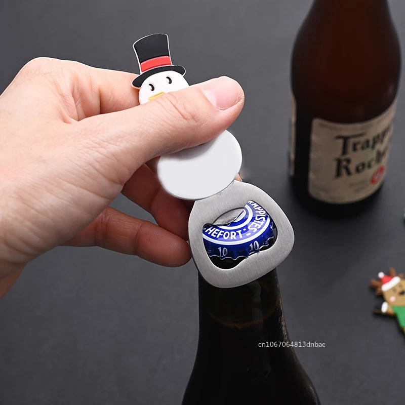 Cute Christmas Pattern Bottle Opener Stainless Steel Beer Starter Multifunctional Silicone Refrigerator Magnet Kitchen Tools