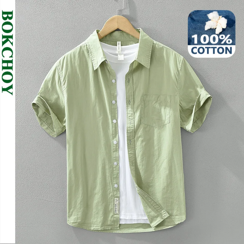 2024 primavera novedad de verano camisas de manga corta simples de algodón puro ropa de hombre Casual Color sólido ropa de calle cómoda delgada