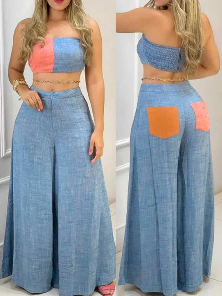 

Colorblock Bandeau Sleeveless Shirring Crop Tops & Wide Leg Pants Set Women Two Piece Set Outfits