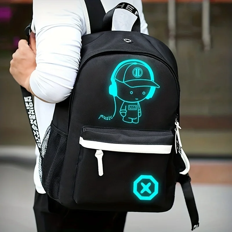 2pcs/set Men's Simple and Large Capacity Casual Backpack, Travel Cartoon Print Crossbody Bag and Chest Bag Set