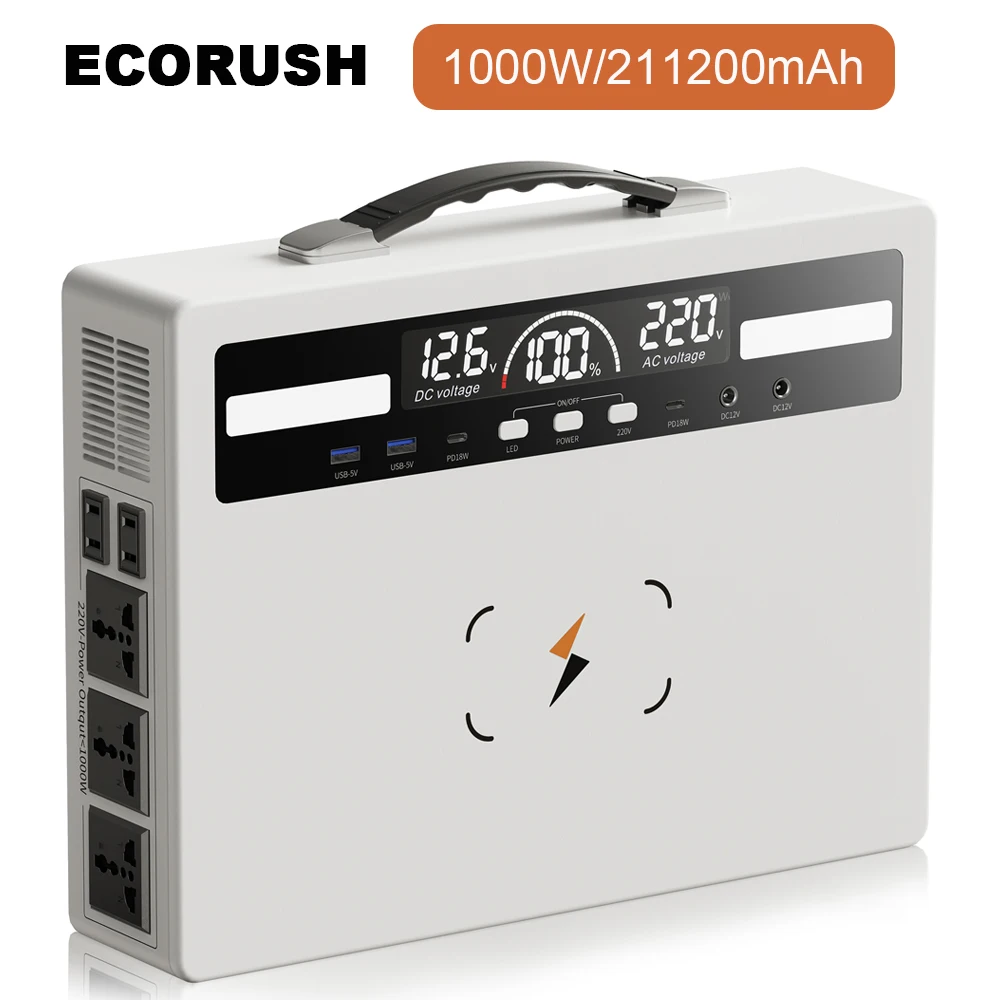 

ECORUSH 1000 Вт портативная электростанция для мобильных устройств, выход переменного тока 781,4 Втч, многоцелевой для офиса, дома, резервный аварийный внешний аккумулятор