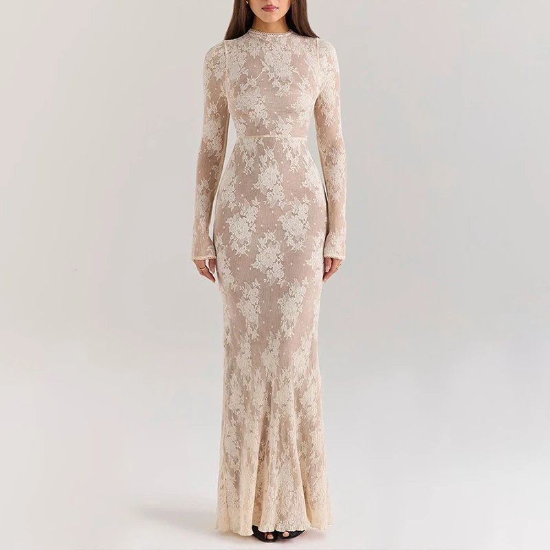 فستان نسائي طويل غير رسمي بأكمام طويلة نحيف 2026 فساتين حفلات أنيقة عالية الخصر موضة رقبة مستديرة فستان ملفوف على الورك #3