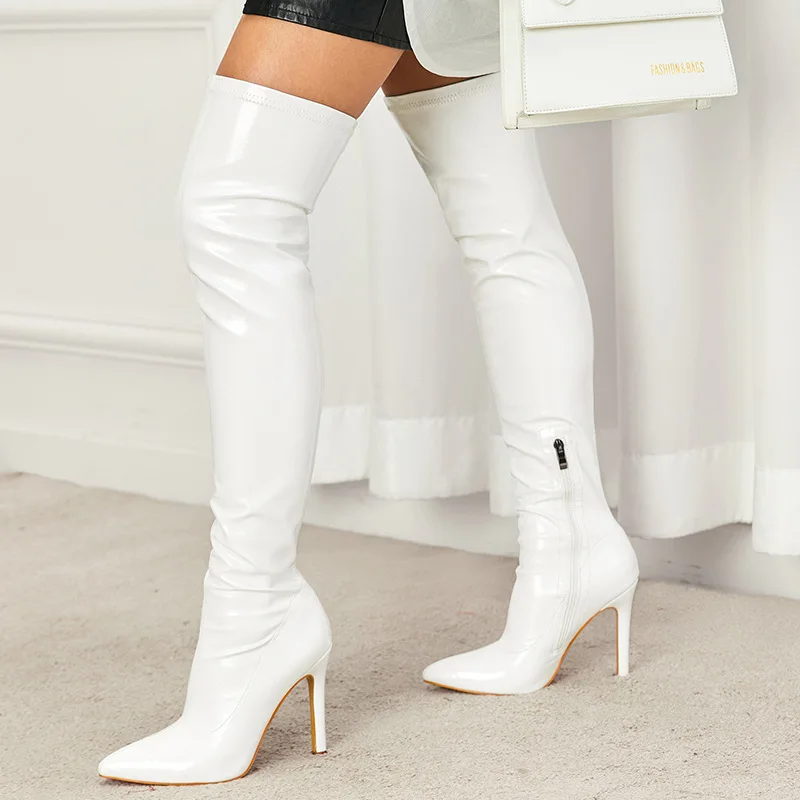

New women's boots soft patent leather pointed side zipper fine high heel knee boots fashion outdoor long high heels