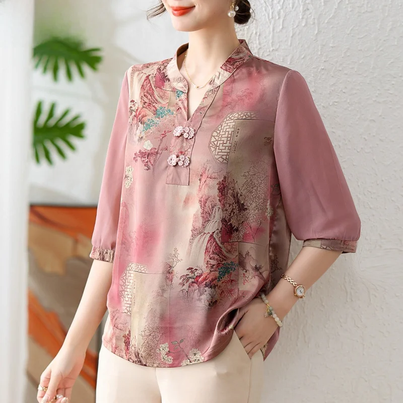 

Spring Faion Mommy Chiffon Top Svel Set National Sle Loose Fit Polyester Fiber V-ne Two-piece Set Summer Wear