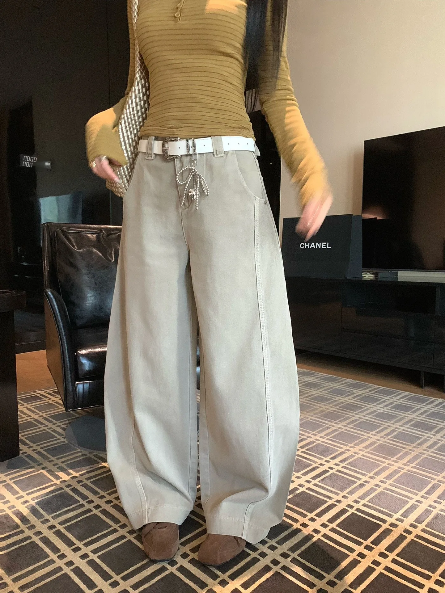 

Row Series Workwear American Style Wide Leg Jeans Women's Spring Deconstructed Work Pants Cotton Stretchable Casual Trousers