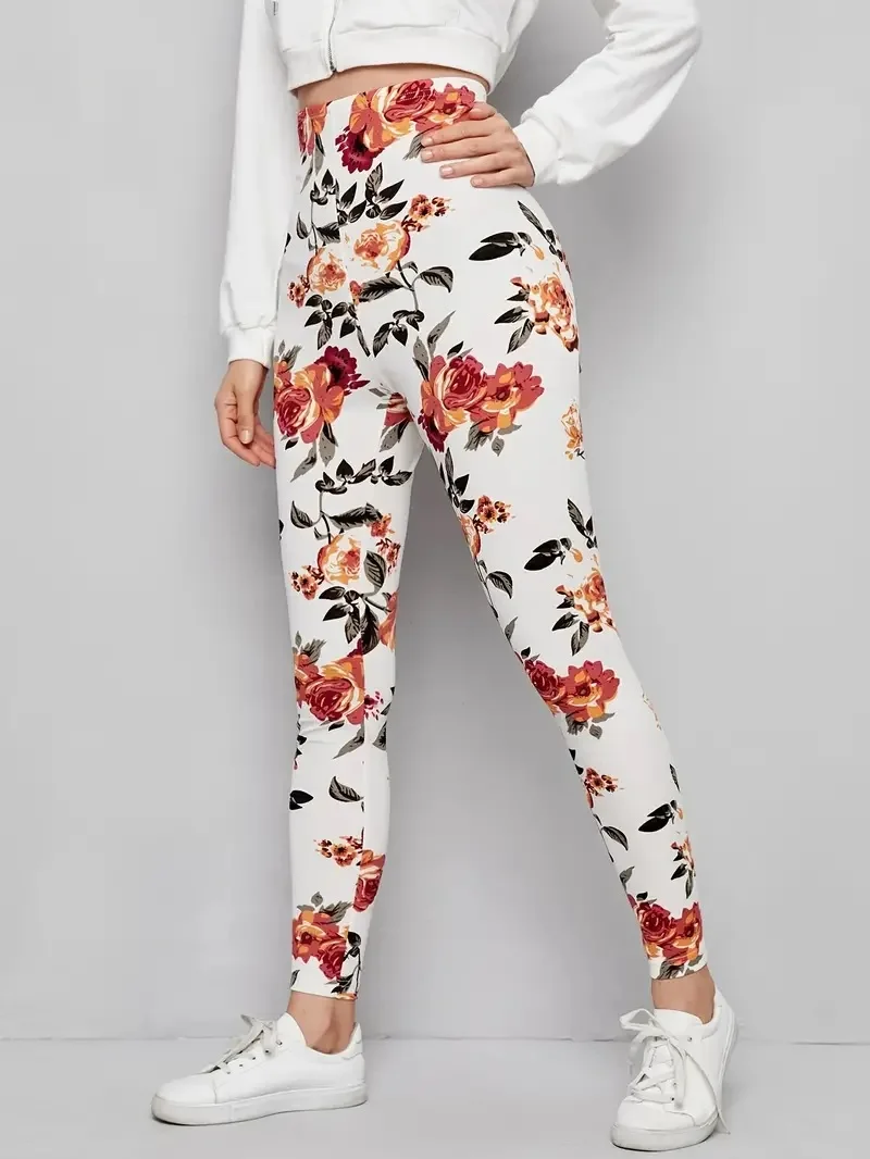 Floral print elastic elastic waist comfortable leggings women can wear daily, work, travel