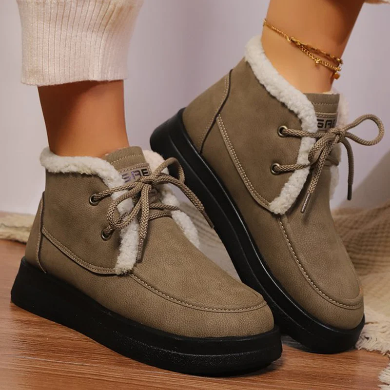 

Флисовые толстые теплые ботильоны в стиле ретро, женские зимние ботинки на платформе со шнуровкой, женские зимние короткие плюшевые ботинки из искусственной кожи