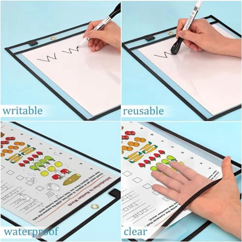 30 Pack Dry Erase Pockets Reusable Clear Note Holders Clear Hanging File Protectors For Classroom School Office Work Easy To Use