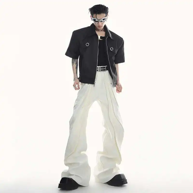 Luzhen sólido streetwear 2025 design primavera moda masculina plissado cor bonito perna larga calças casuais masculino bell-bottoms jy2493