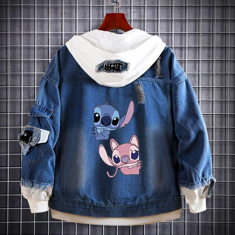 Miniso Hooded Disney Lilo Stitch Denim Coat Cartoon Print Harajuku Couple Jackets Patchwork Button Casual Oversized Coat For Men