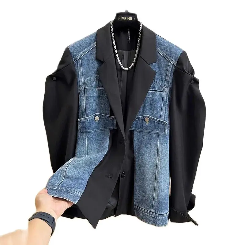 2024 New Fashion Spring Autumn Denim Splicing Blazer Women\'s Korean Long Sleeve Casual Elegant Ladies Suit Female Outerwear Tops