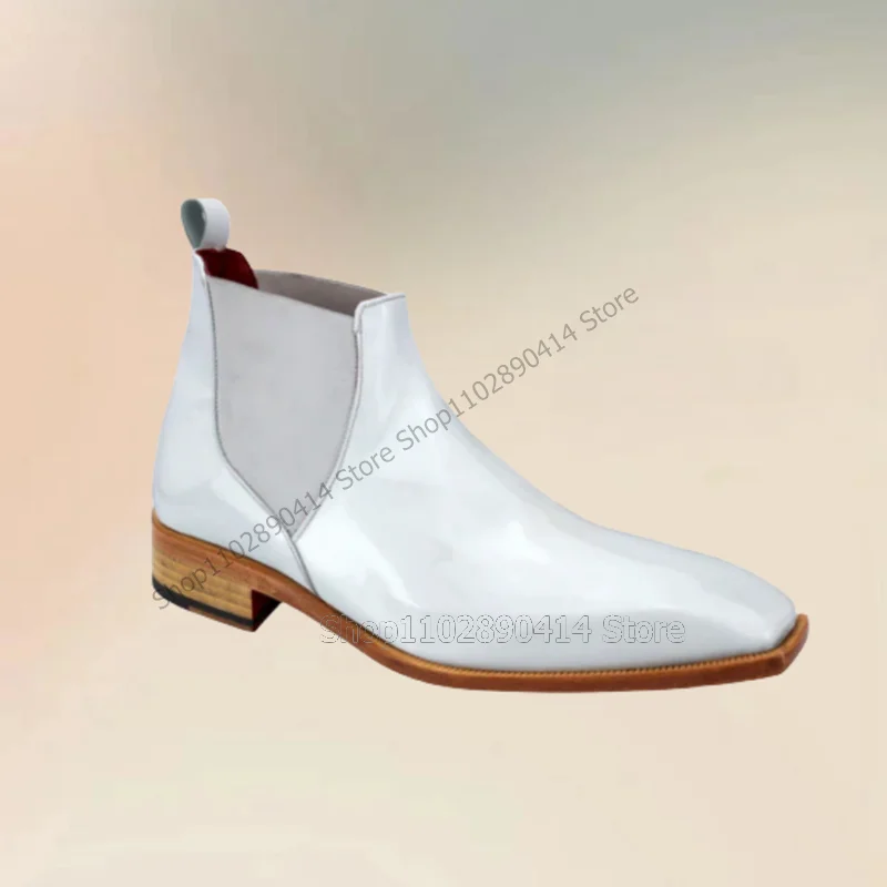 White Patent Leather Patchwork Ankle Boots Fashion Slip On Men Boots Luxury Handmade Party Feast Office High Top Men Dress Shoes