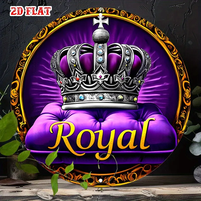 Royal Crown Regal Purple Gold Metal Wall Art, Round Poster Home Decor Living Room 2D Design