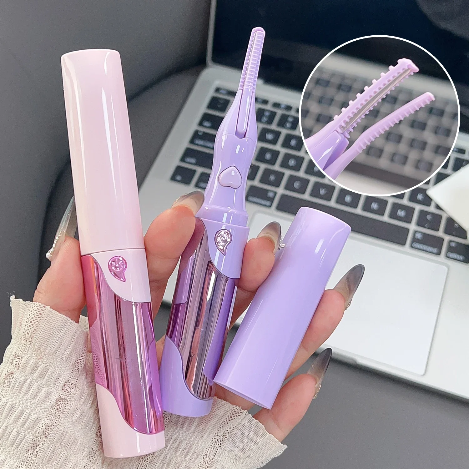 Elektryczna, podgrzewana, przenośna zalotka do rzęs, ładowana przez USB, szybkie i trwałe podkręcanie rzęs, grzebień i klips 2w1, do makijażu.