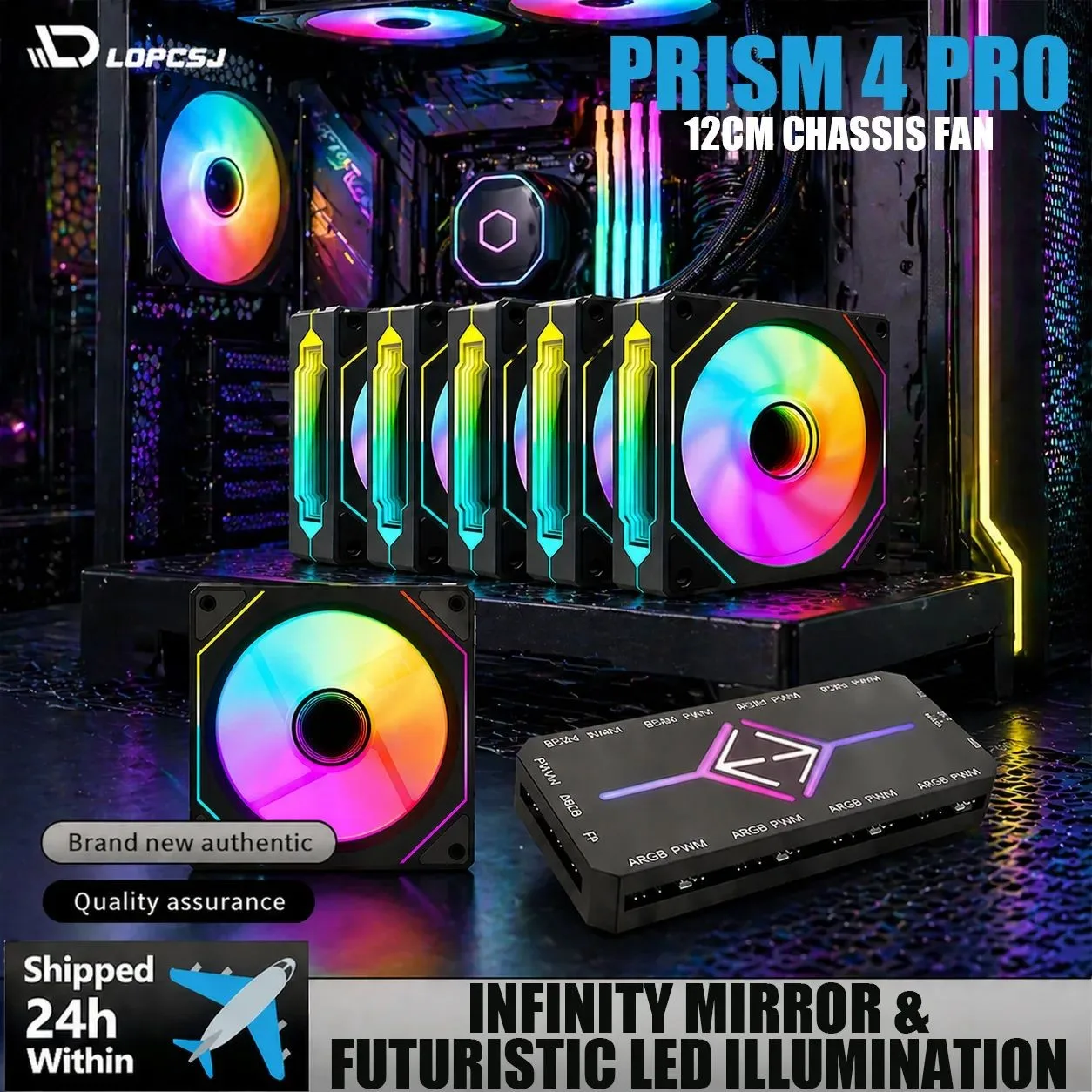 LDPCSJ 6 Pack 12cm 120mm Addressable ARGB Case Cooling Fans 4 Pin PWM Variable Speed 5V 3 Pin A-RGB Light Synchronization Fan Set with Included ARGB Controller Hub High Static Pressure Radiator Fans for ATX Gaming PC Liquid Cooling System Upgrade