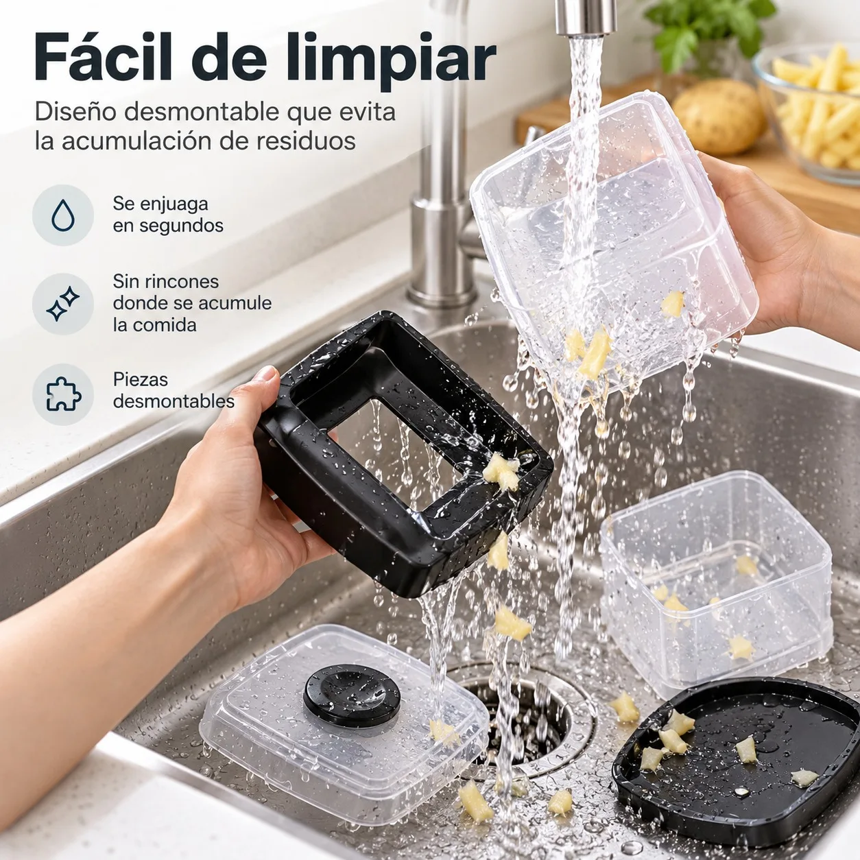 Cortador de Patatas y Verduras Manual en Bastones con Recipiente Transparente, Picador de Vegetales de Plástico con Cuchillas de Acero para Tiras Uniformes y Cocina Limpia