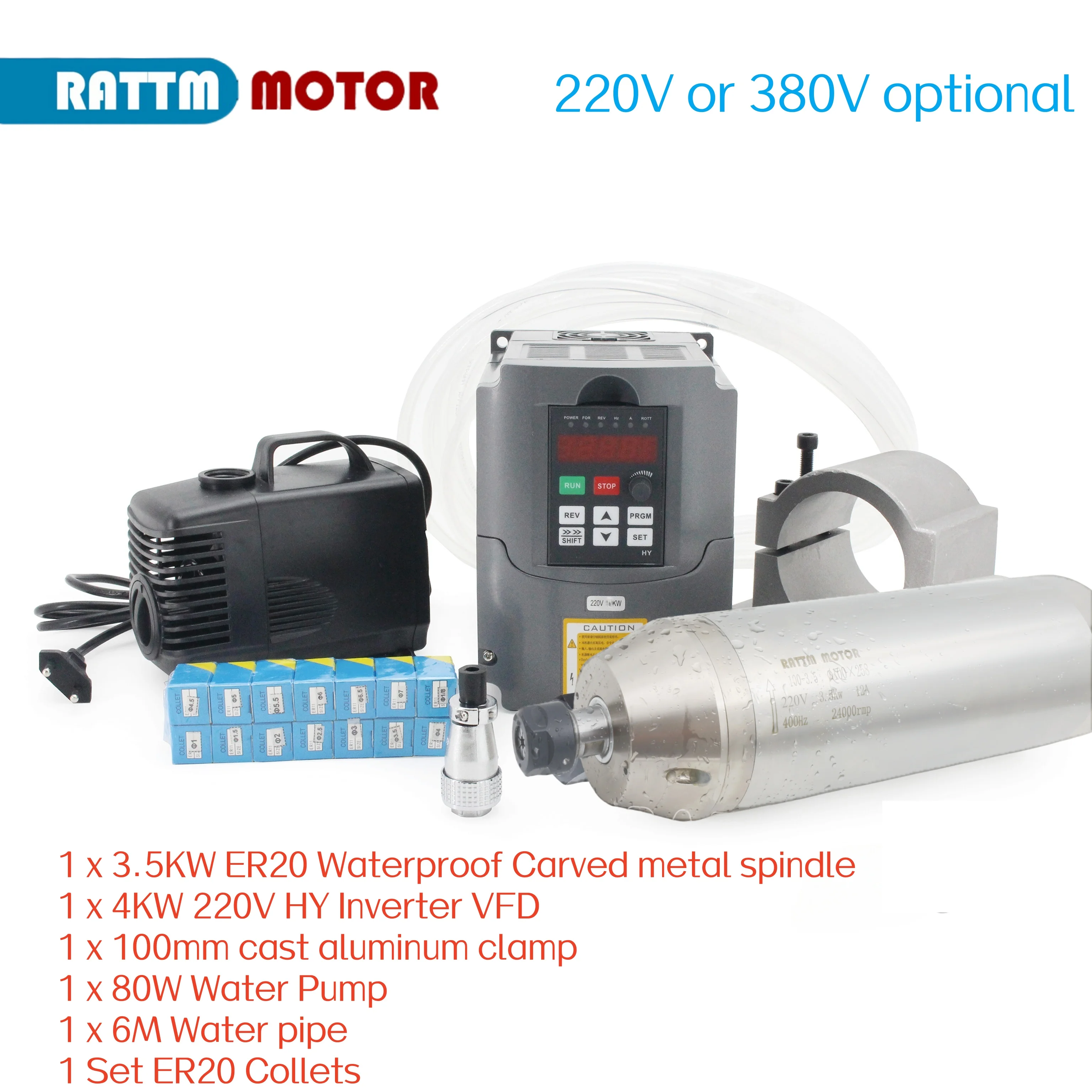 3.5KW ER20 220V 380V CNC Water Cooling Waterproof Spindle Motor + 4KW HY Inverter VFD & Clmap For Lathe Router Milling Machine
