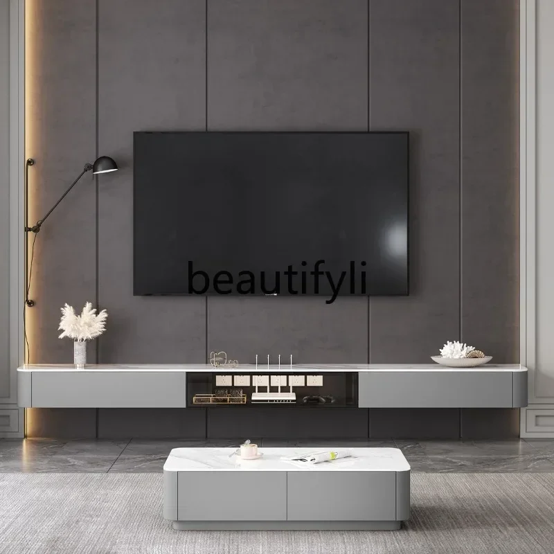 cqy Floating TV Cabinet Italian Style Small Apartment Living Room Rock Slab Coffee Table Combination Wall-Mounted Cabinet Minima