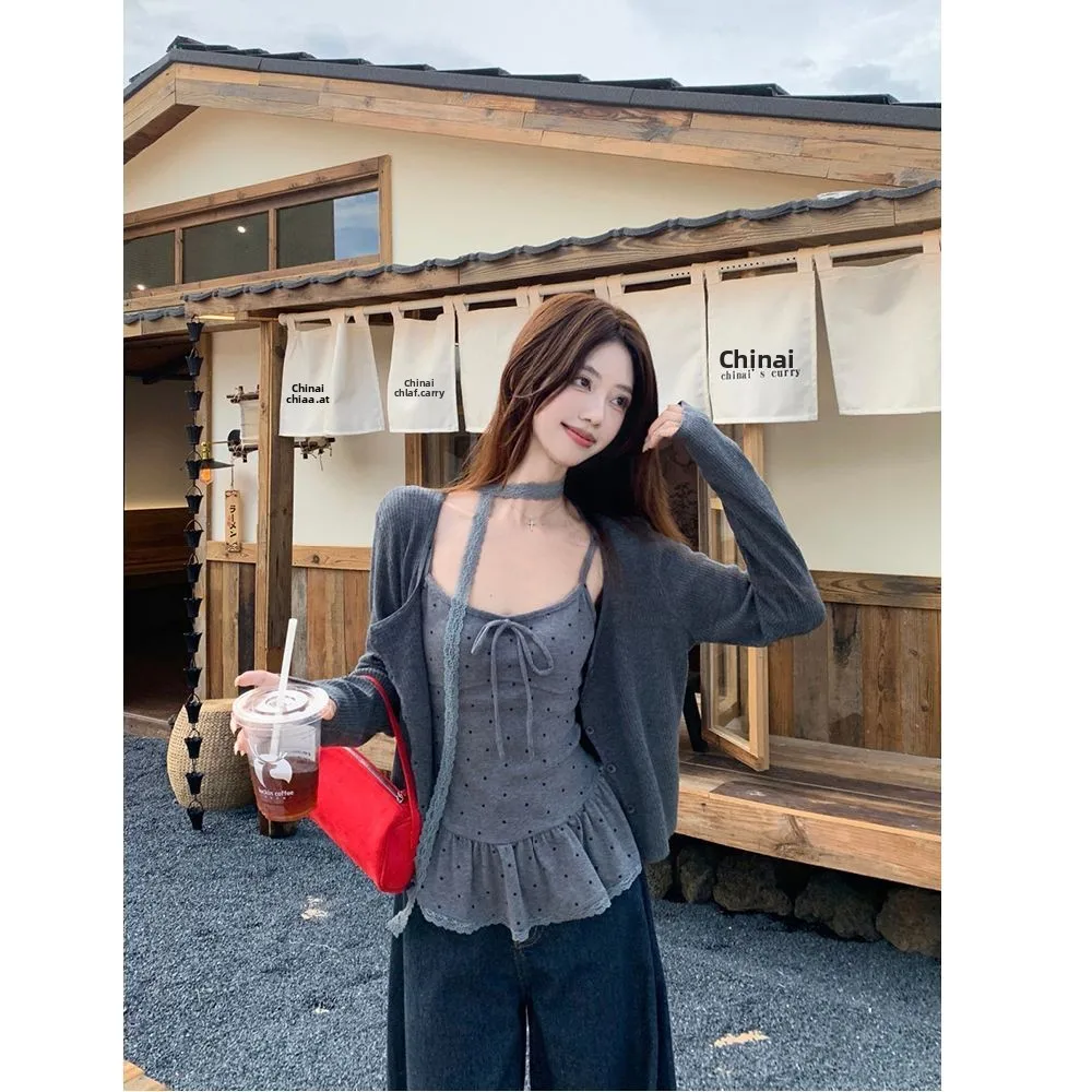 

Оригинальный комплект: блузка с длинным рукавом и кардиган в стиле Sweet Design, женский модный весенний наряд с кружевной отделкой и топом на бретельках в горошек.