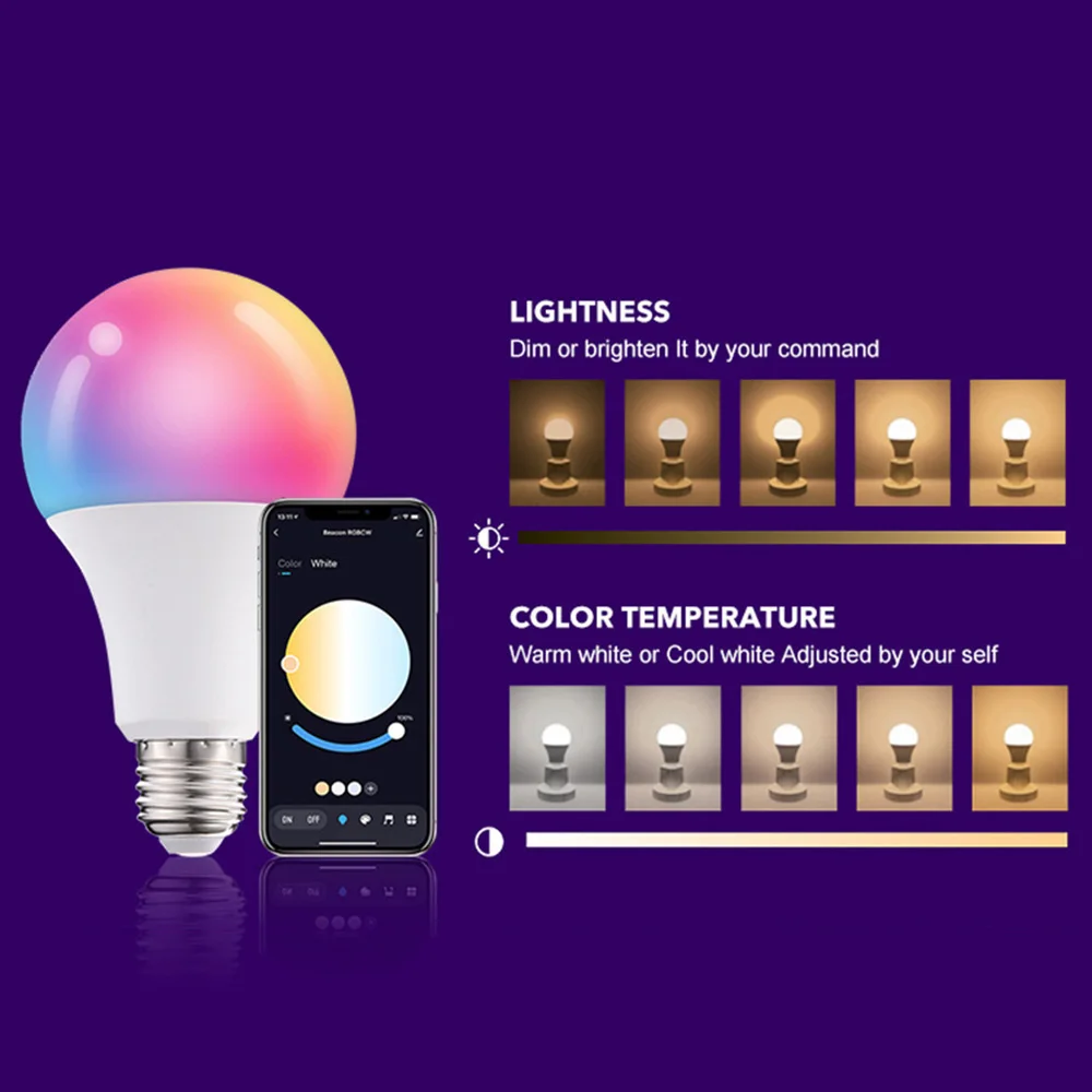 Bombilla LED E27 RGB + CCT con Bluetooth, lámpara que cambia de Color, Control por aplicación Smart Life, luz de ambiente regulable, Compatible con