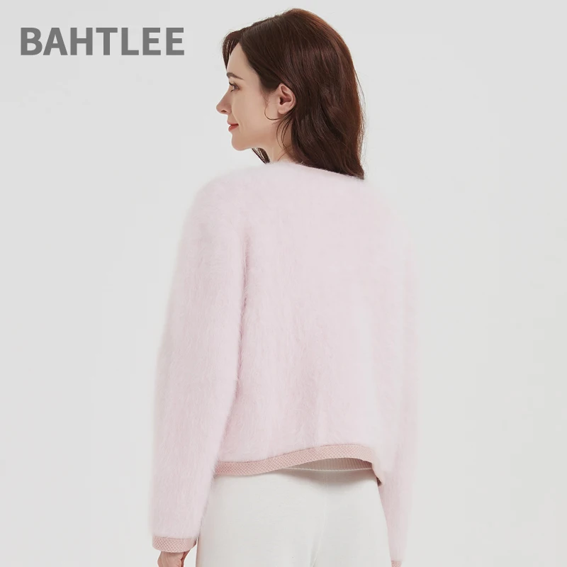 BAHTLEE-Women\'s Angora Knitted Cardigans, Single-Breasted Sweater, Wool Coat, Long Sleeves, O-Neck, Pocket, Autumn