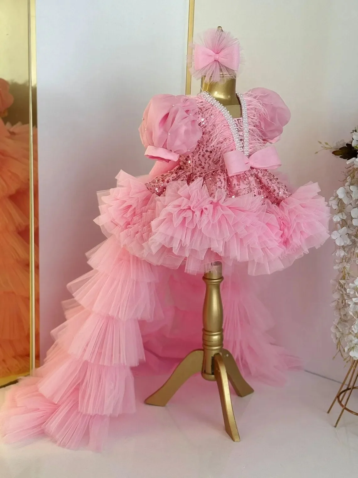 Customized Pink Flower Girl Dresses For Wedding Sequins With Bow Short Sleeves Kids Birthday Party First Communion Ball Gown