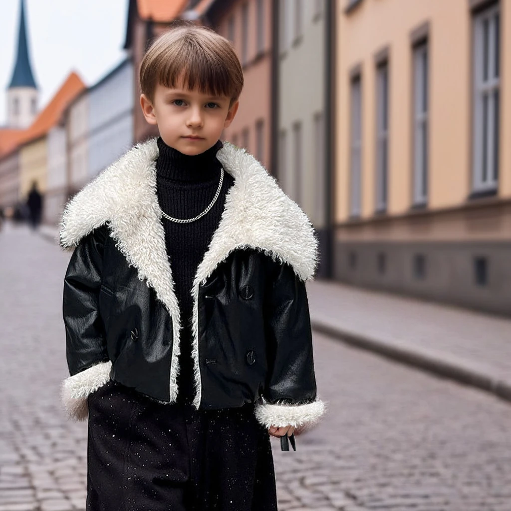 

School Kids Winter Leather Jacket Boys Shearling Collar Coat Baby PU Leather Plush Lined Parkas Teen Children Black Outerwear
