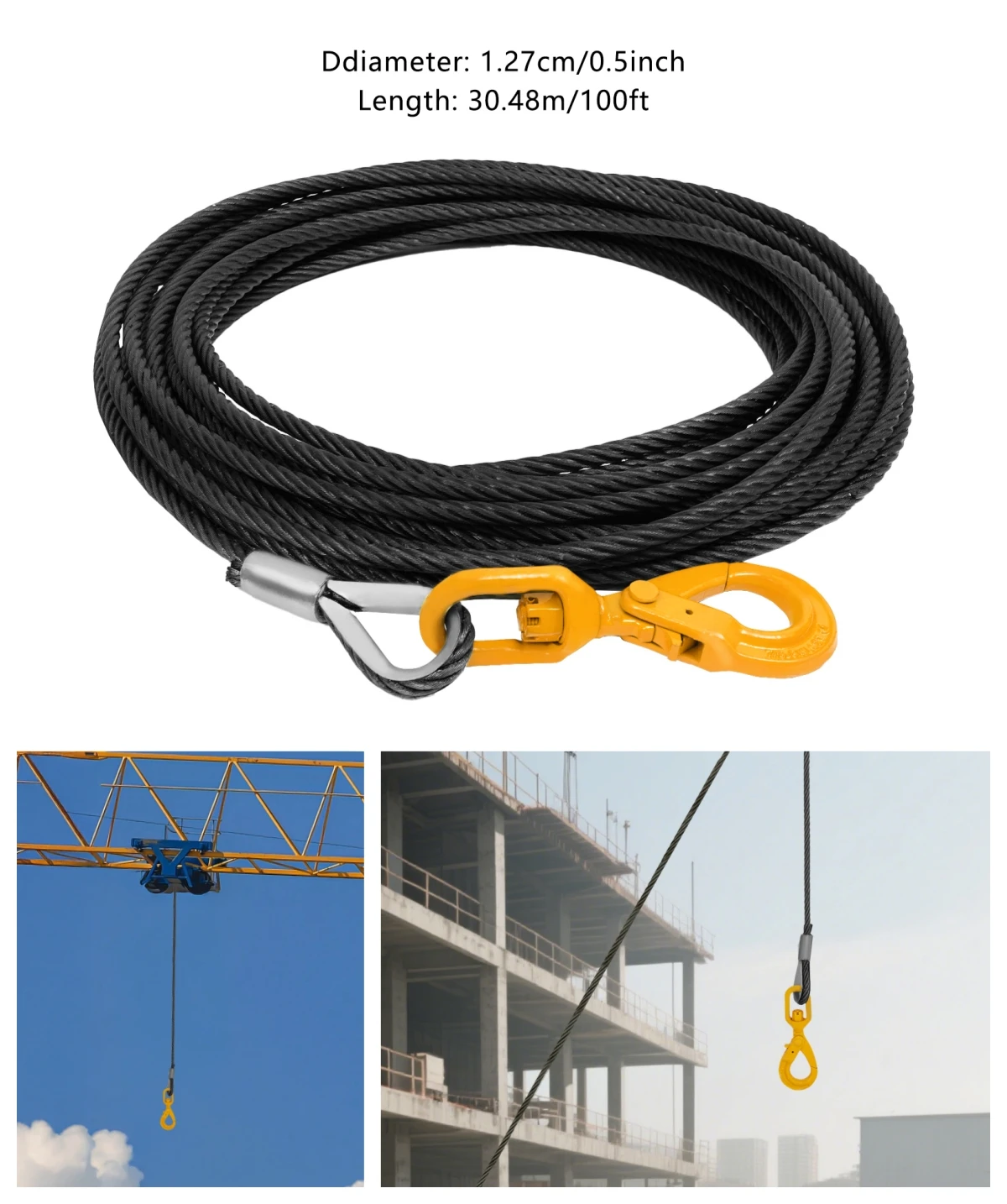 1/2 بوصة × 100ft 4409.25 رطل كابل ونش مع هوك الثقيلة شاحنة قارب استبدال خط كابل حبل للونش والرفع والسحب