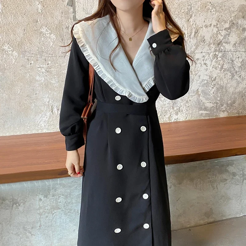 

Women Contrast Color Vintage Long Dress Lapel Stitching Lace-Up Double-Breasted Puff Sleeve V Neck Dresses Elegant Party Outwear