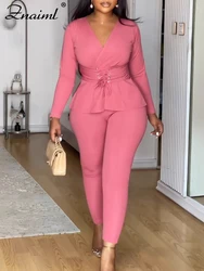 Znaiml Pink 2 Piece Set Women Autumn Winter Work Wear V-neck Bandage Tops and Pencil Pants Suit Elegant Office Lady Outfits New