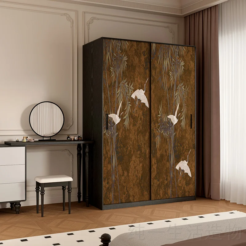 French medieval solid wood wardrobe, crane picture, floor-to-ceiling storage cabinet against the wall