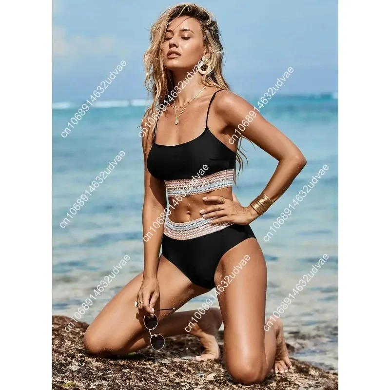 Women's Bikini Sets Colorblock Trim 2 Piece High Waisted Swimsuit Scoop Neck Adjustable Spaghetti Straps Bathing Suit view 4