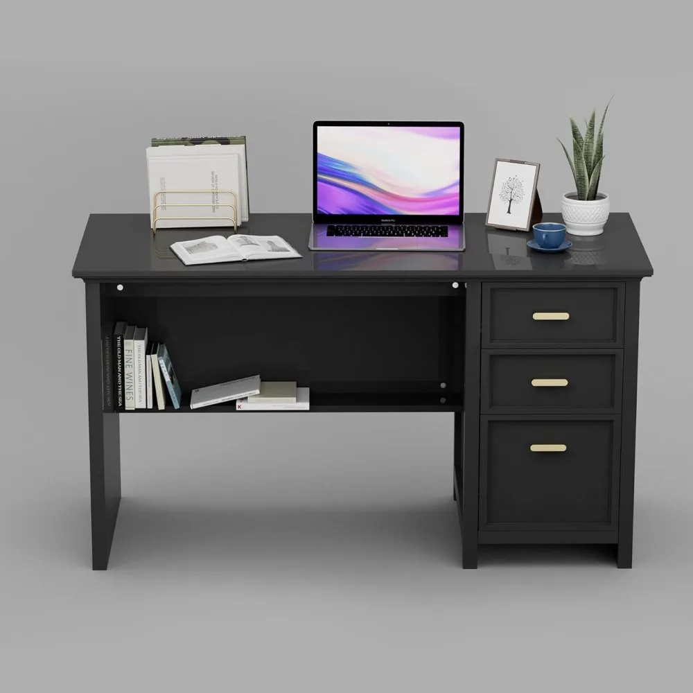 

Black Home Office Desk with 3 Drawers and Storage Shelf, Modern Computer Writing Desk with Polished Gold Handle for Bedroom,