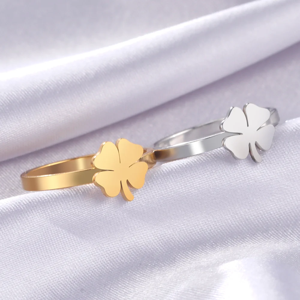 Cazador Minimalist Gold Color Lucky Four Leaf Clover Rings For Women Stainless Steel Jewelry Finger Ring New Wedding Party Gift