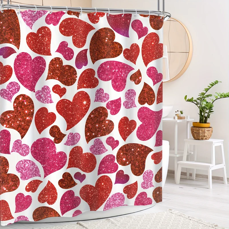 1pc flash heart printed shower, waterproof polyester bath curtain with hooks, bathtub partition, Valentine's Day decor,