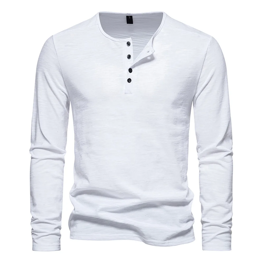 Heren T-shirt met lange mouwen Katoen Slim Fit Dieptepunt Shirt Fitness Tops Tees Knoop Hals Casual Gezellige T-shirt