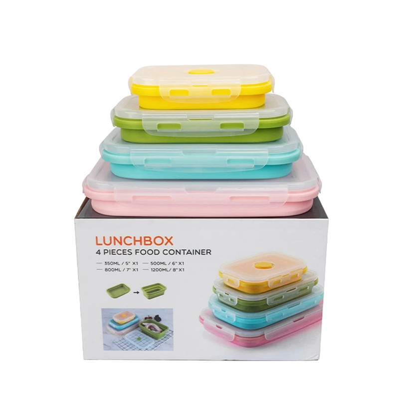 4Sizes Silicone Collapsible Lunch Box Food Storage Container Colorful Microwavable Portable Picnic Camping Rectangle Outdoor Box