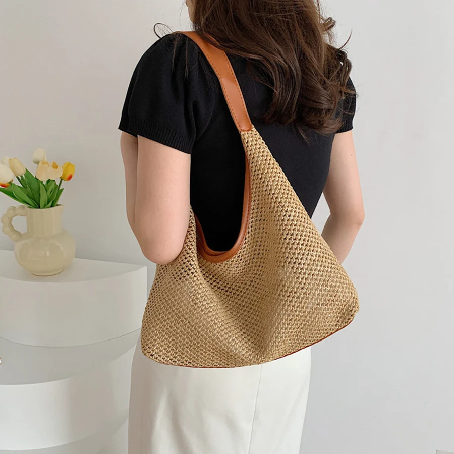 

Summer Straw Women Handbags Vacation Woven Beach Shoulder Bag Large Capacity Hollow Out Simple Tote Bag Solid Color Purse Bolsa