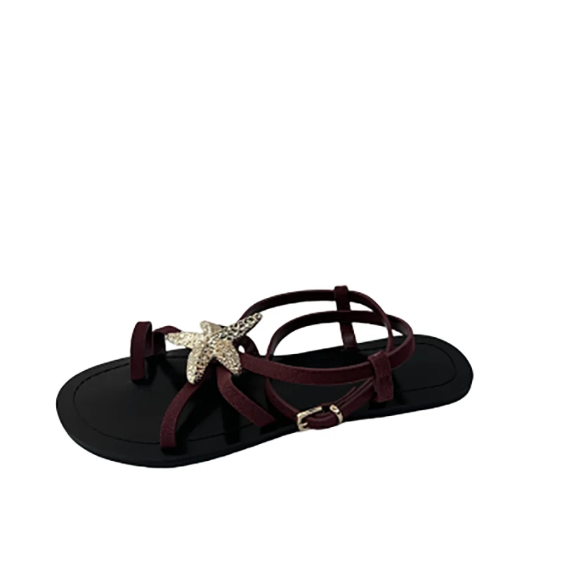 

Burgundy Flat Sandals For Woman Summer Thong Beach Shoes Leisure Gold Star Ornament Ladies Flats Shoes Plus Size 43 Sandalias