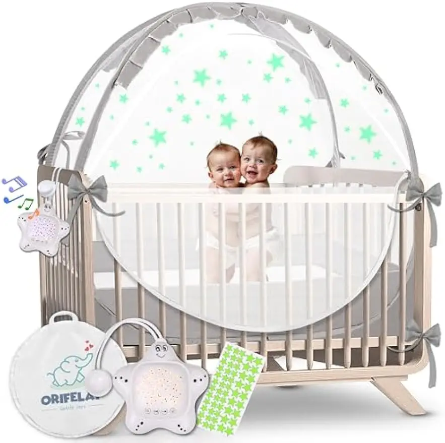 

Baby Crib Tent with White Noise Machine, Glow Stickers, and Breathable Mesh - Easy Setup in Gray