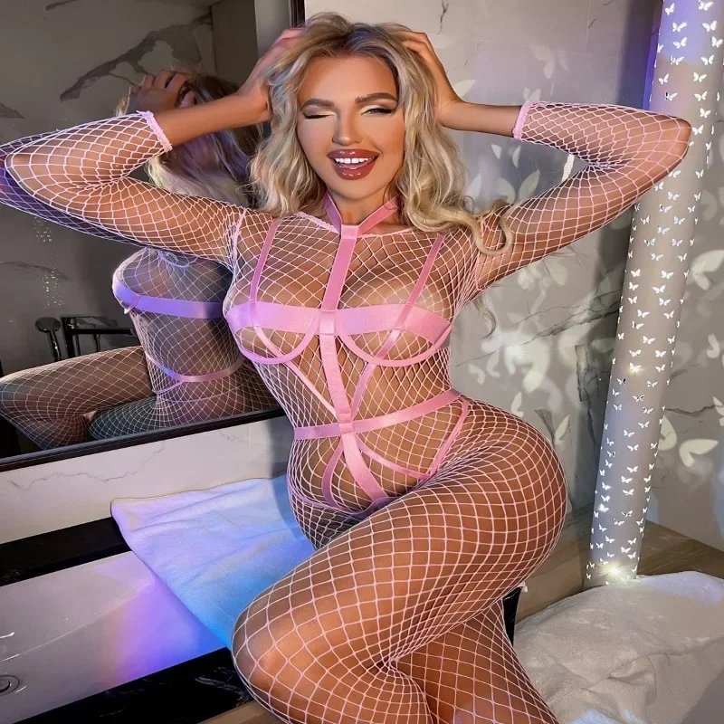 Toucheart Sexy Lingerie For Women Fishnet Stockings Hollow Breasts Sexy Charming Stockings Temptation See-Through Jumpsuit Set