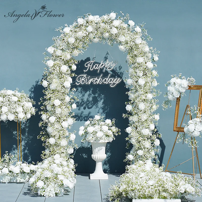 Luxury White Rose Babysbreath Wedding 5D Floral Runner Arrangement Event Table Centerpieces Ball Fabric Gypsophila Flower Wall