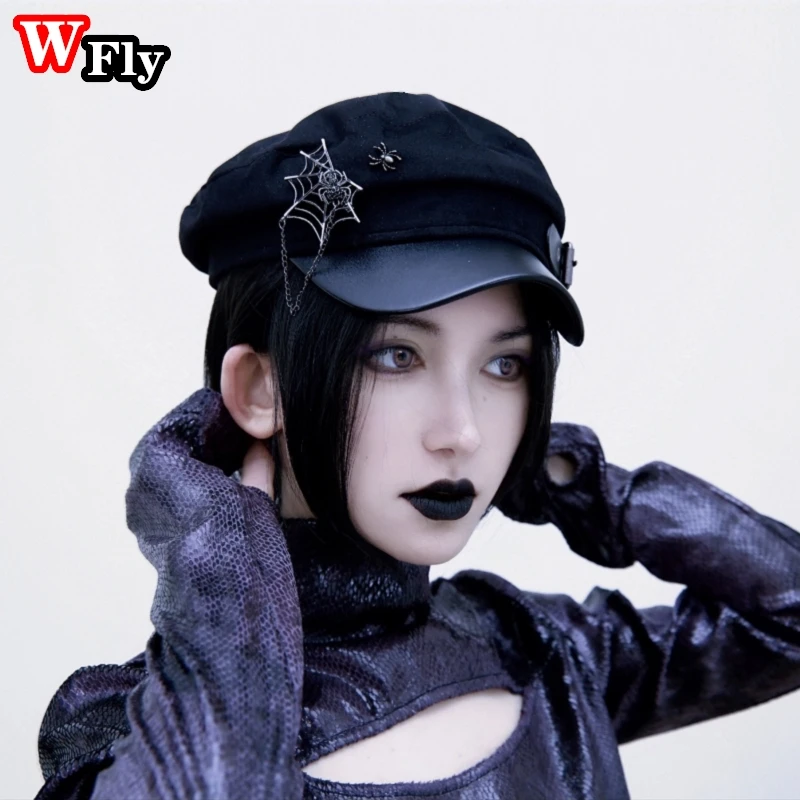 Y2K Goth Women Men Beret Cap Punk Spider Chain Decoration Dark Hat Gothic Lolita Cosplay Handmade Hats caps newsboy cap