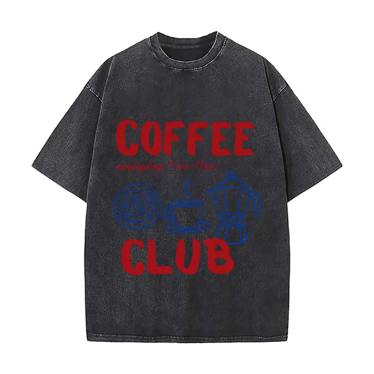 Coffee Club Everyday 7AM 11AM Croissant Moka Pot Steam Vintage Distressed Loose Streetwear Tops for Campus Days