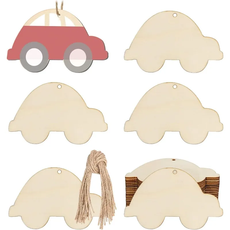 10pcs Unfinished Car Shape Wooden Tag Hanging Wood Cutout Slices Wooden Tags with Twine for Christmas Holiday Wedding Birthday