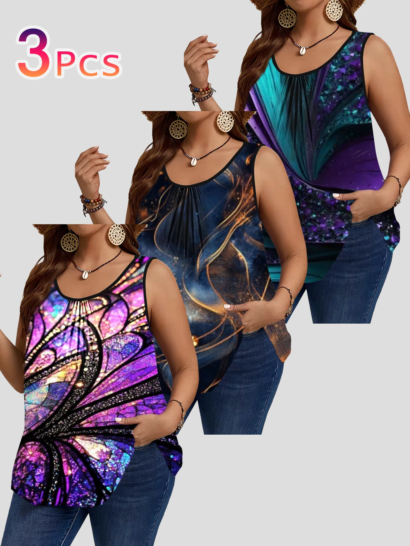 3-Piece Set of Large Size Iridescent Butterfly Glass Print Sleeveless Vest for Women, Purple and Blue Gold-Plated Artistic Butterfly Wings Loose Round Neck Top That Covers the Body